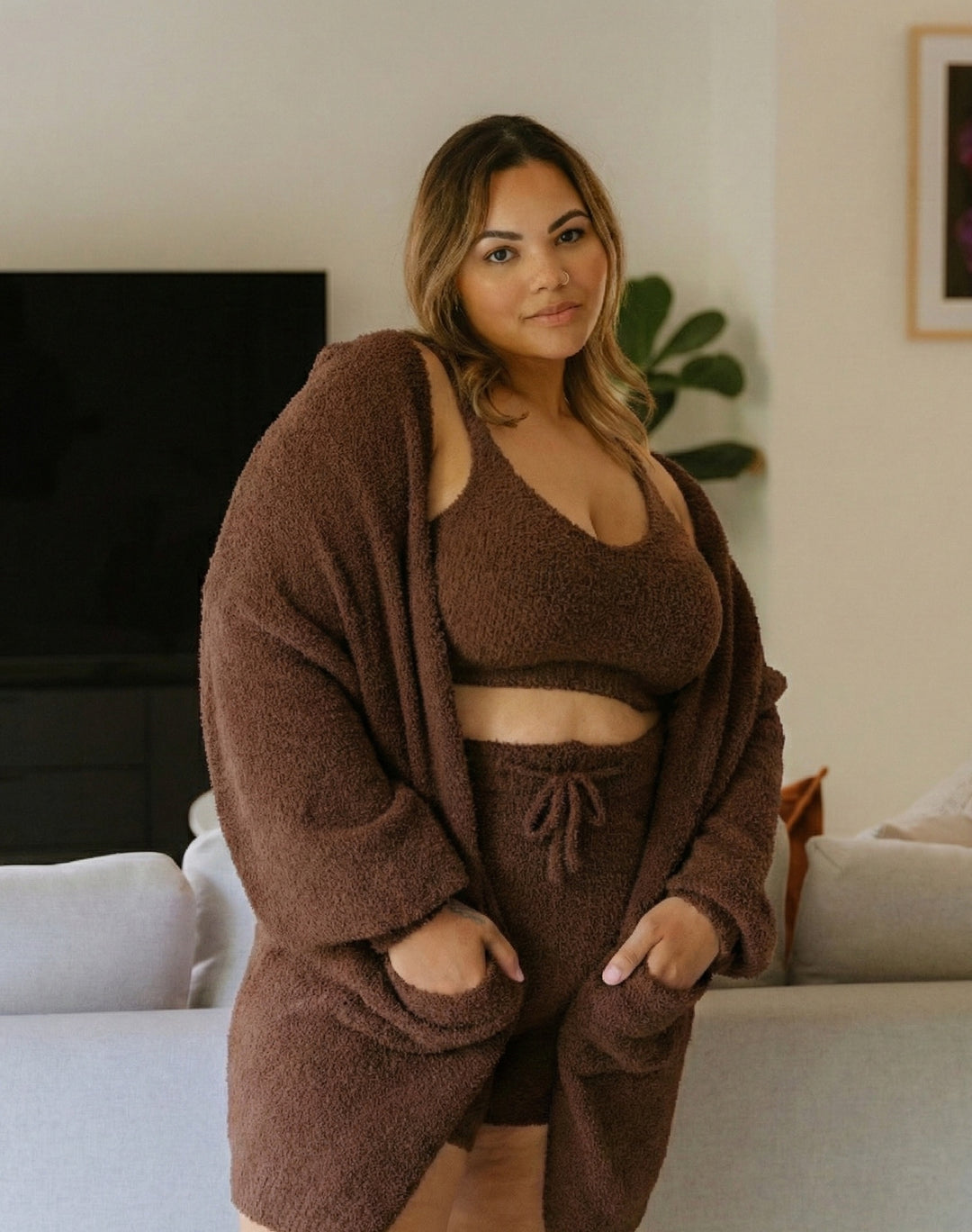 Bouclé 3-Piece Knit Lounge Set - Brown