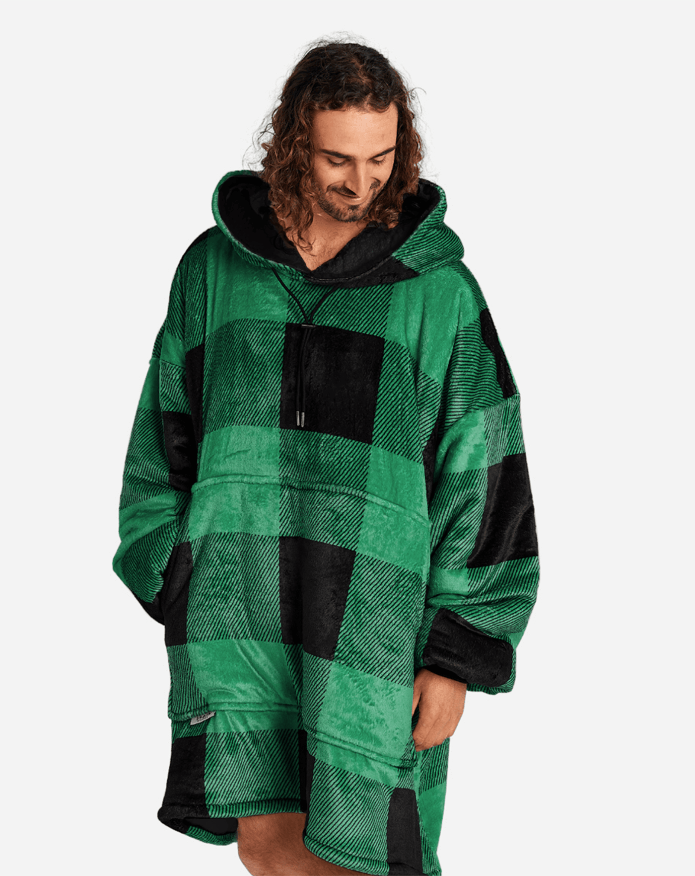 ADULTS BLANKET HOODIE - GREEN PLAID