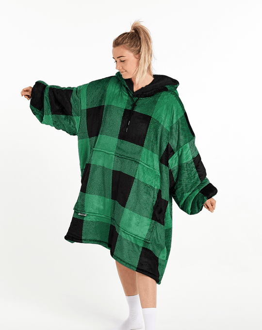 ADULTS BLANKET HOODIE - GREEN PLAID