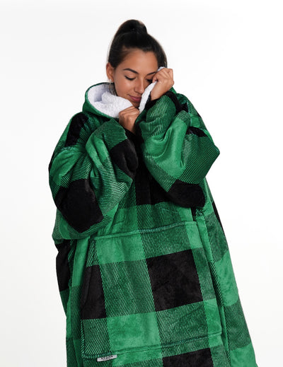 EXTRA LONG ADULTS BLANKET HOODIE - GREEN PLAID