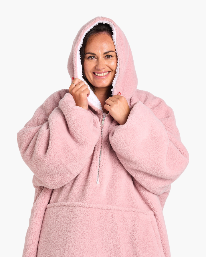 ADULT BLANKET HOODIE TEDDY PINK