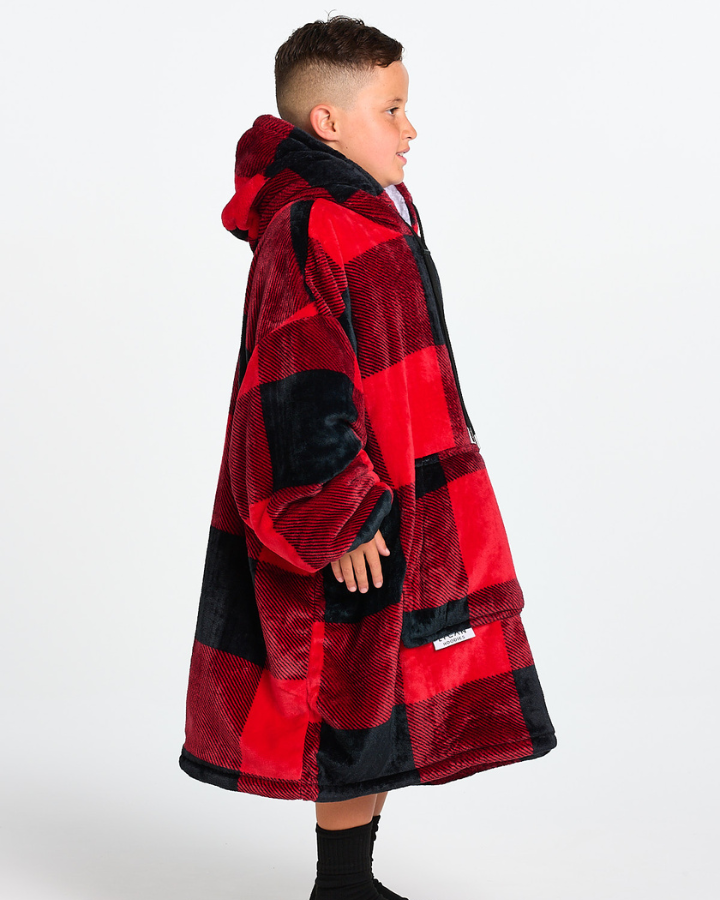 KIDS BLANKET HOODIE - RED PLAID