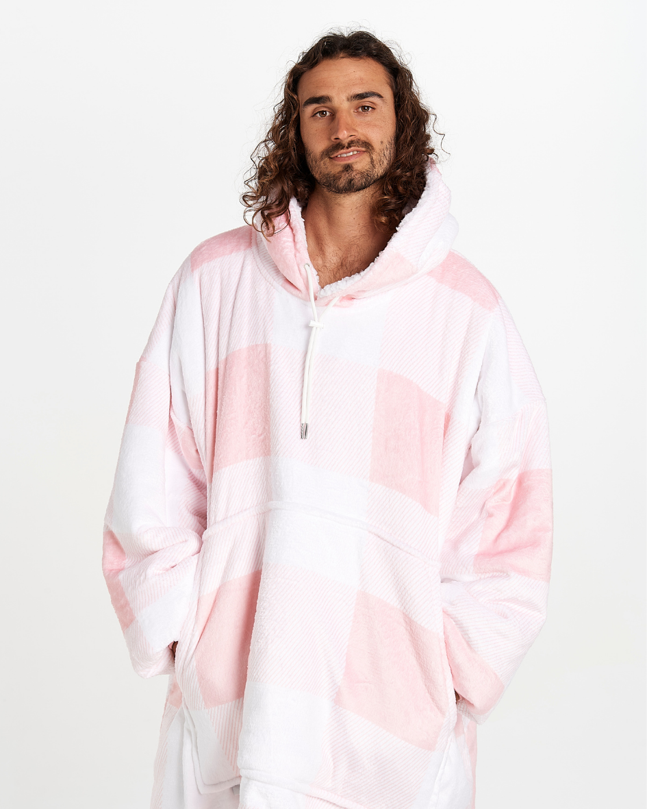 ADULTS BLANKET HOODIE - PEACH PLAID